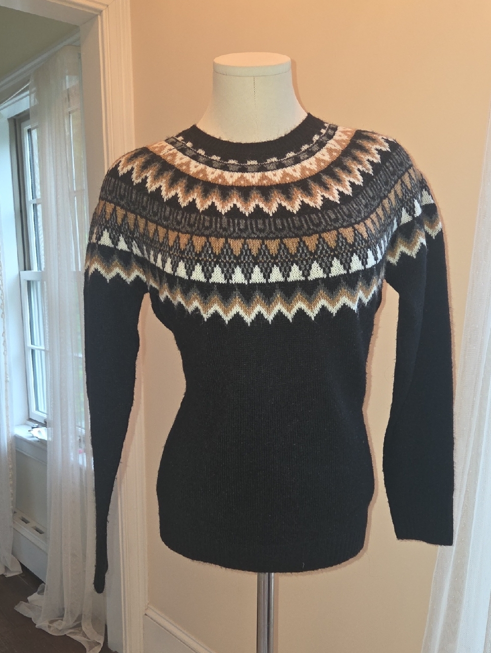 Talbots Black Fair Isle Crewneck Sweater with Tan and Cream Accents
